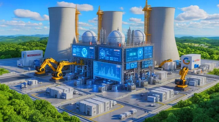 Illustration of the partnership between Westinghouse and Google Cloud using AI to advance nuclear construction, generated by artificial intelligence.