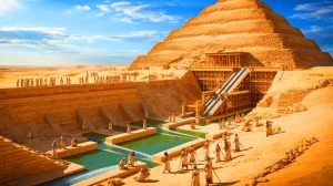 Illustration of the hydraulic system used in the construction of the Saqqara Step Pyramid, an artificial illustration.