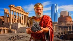 Illustration of ancient Roman volcanic ash being used to create low-carbon cement, generated by artificial intelligence.