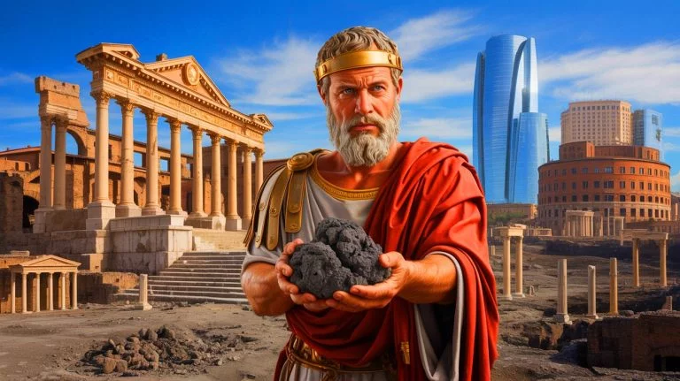 Illustration of ancient Roman volcanic ash being used to create low-carbon cement, generated by artificial intelligence.