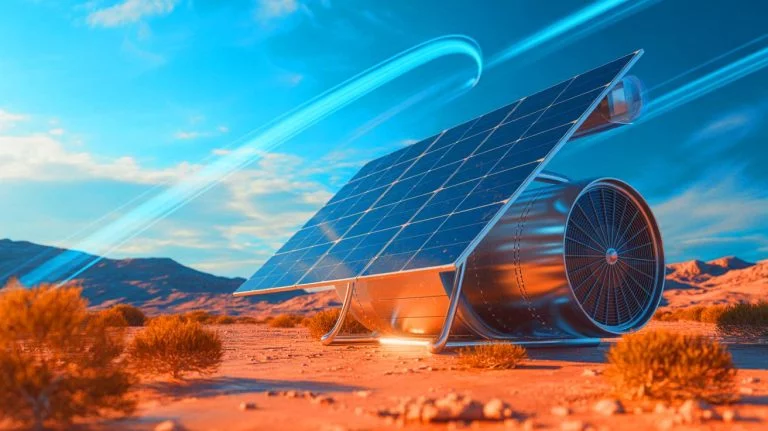 Illustration of a solar-powered device converting atmospheric carbon dioxide into fuel, generated by artificial intelligence.
