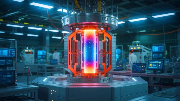 Illustration of General Fusion's groundbreaking Lawson Machine 26 generating magnetized plasma, created by artificial intelligence.