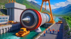 Illustration of the world's largest impulse turbine at the Datang Zala Hydropower Station. Image generated by AI.