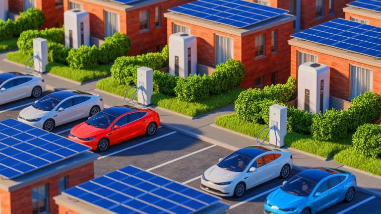 Illustration of electric vehicles and water heaters transforming cities into giant batteries, generated by artificial intelligence.