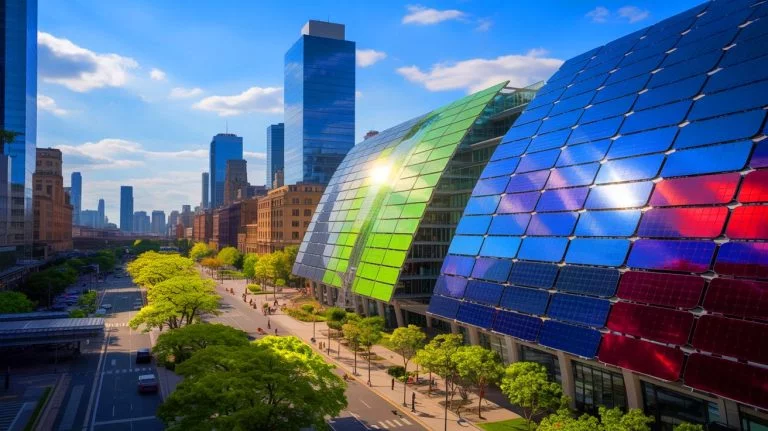 Illustration of eco-solar cells seamlessly integrating into urban architecture, highlighting innovative solar technology, created by artificial intelligence.