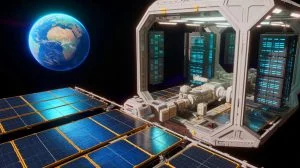 Illustration of Eric Schmidt's vision for space-based data centers and Relativity Space's role in revolutionizing energy demands, generated by artificial intelligence.