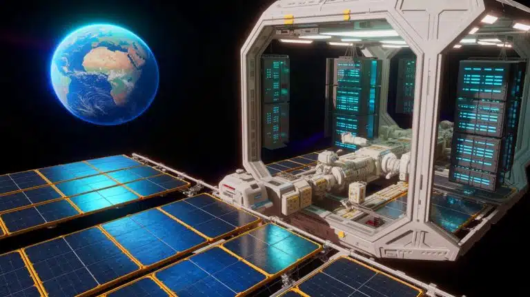 Illustration of Eric Schmidt's vision for space-based data centers and Relativity Space's role in revolutionizing energy demands, generated by artificial intelligence.