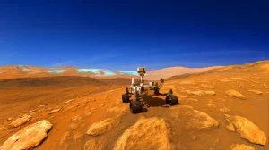 Illustration of the Curiosity rover near Mars' Gale Crater, showcasing the planet's surface colors, generated by artificial intelligence.