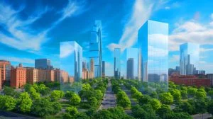 Illustration of AI-generated thermal meta-emitters reducing building temperatures for energy efficiency.