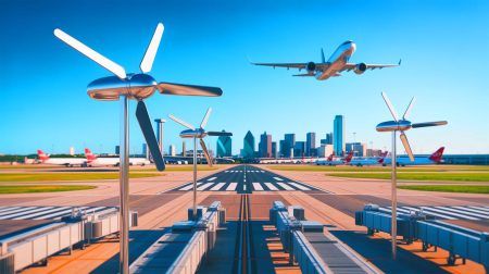 Illustration of mini-wind turbines on a Dallas airport tarmac harnessing airplane takeoff winds, generated by artificial intelligence.