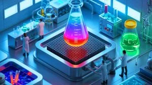 Illustration of a novel catalyst converting carbon monoxide into sustainable fuels, generated by artificial intelligence.