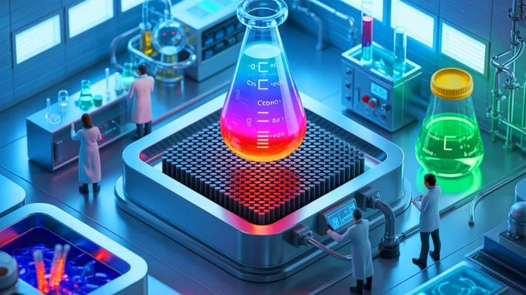 Illustration of a novel catalyst converting carbon monoxide into sustainable fuels, generated by artificial intelligence.
