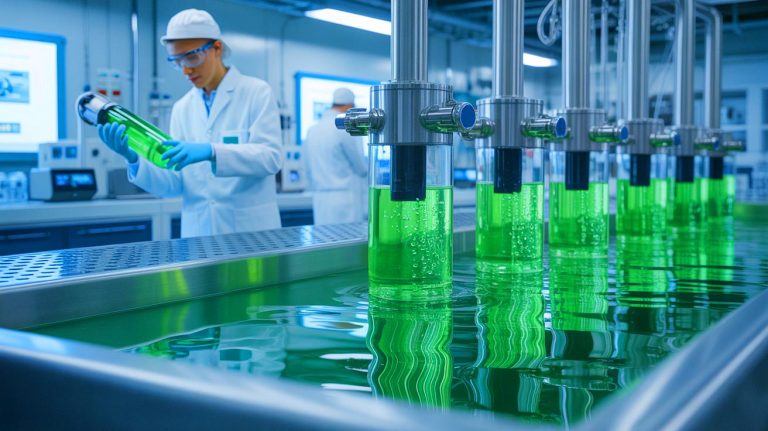 Illustration of an innovative green hydrogen production process using wastewater, generated by artificial intelligence.