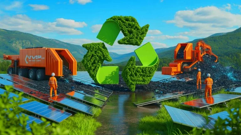 Illustration of discarded solar panels being repurposed to convert CO2 emissions into valuable organic compounds, created by artificial intelligence.