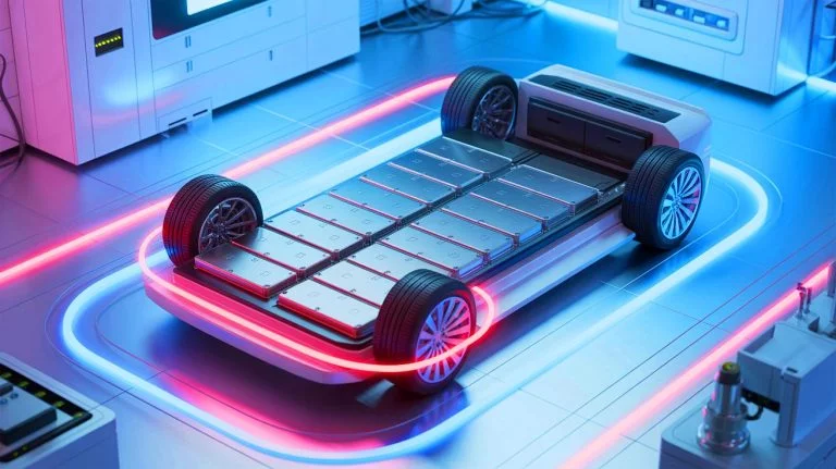 Illustration of a groundbreaking lithium-metal battery technology promising to revolutionize electric vehicle performance, created by artificial intelligence.