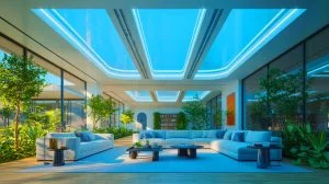 Illustration of a cooling ceiling system using chilled water tubes to regulate indoor temperatures, generated by artificial intelligence.