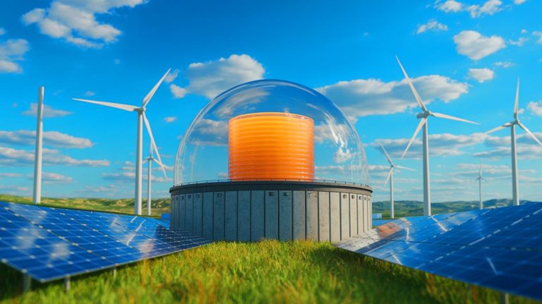 Illustration of Google's collaboration with Energy Dome to utilize carbon dioxide for renewable energy storage.