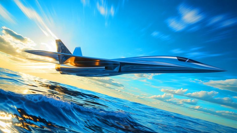 Illustration of the A-HyM Hypersonic Air Master flying over an ocean at Mach 7.3, generated by artificial intelligence.