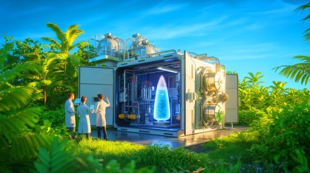 Illustration of a collaboration between First Hydrogen Corp. and the University of Alberta exploring small modular nuclear reactors for hydrogen production.