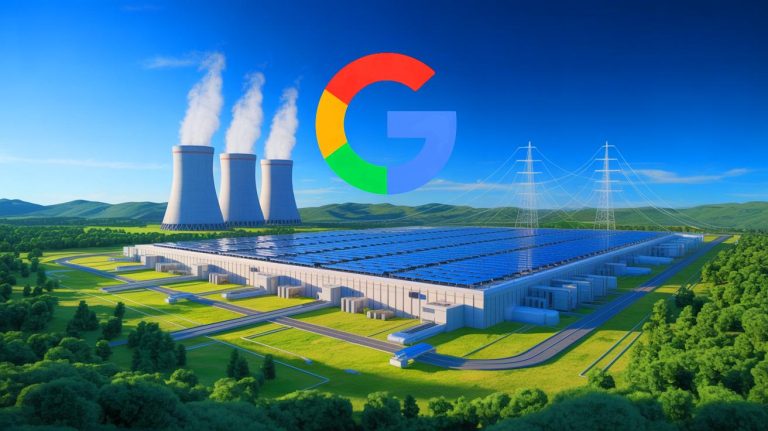 Illustration of Google's exploration of nuclear energy for AI power, generated by artificial intelligence.