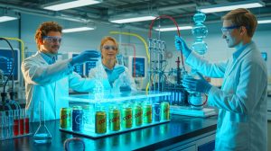 Illustration of a revolutionary method to produce clean hydrogen fuel from recycled soda cans and seawater, generated by artificial intelligence.