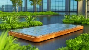 Illustration of an innovative electric vehicle battery enclosure made of a steel-wood composite, showcasing enhanced safety and sustainability, generated by artificial intelligence.