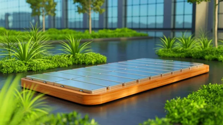 Illustration of an innovative electric vehicle battery enclosure made of a steel-wood composite, showcasing enhanced safety and sustainability, generated by artificial intelligence.