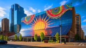Illustration of the SunRise building's record-breaking solar panel mural, highlighting its integration of art and renewable energy, generated by artificial intelligence.