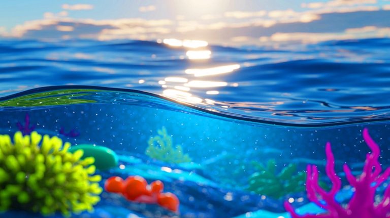 Illustration of nanoplastic particles floating in the North Atlantic Ocean, created by artificial intelligence.