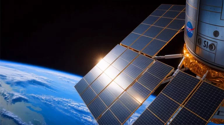 Illustration of NASA's Roll-Out Solar Array (ROSA) technology revolutionizing space energy solutions, generated by artificial intelligence.