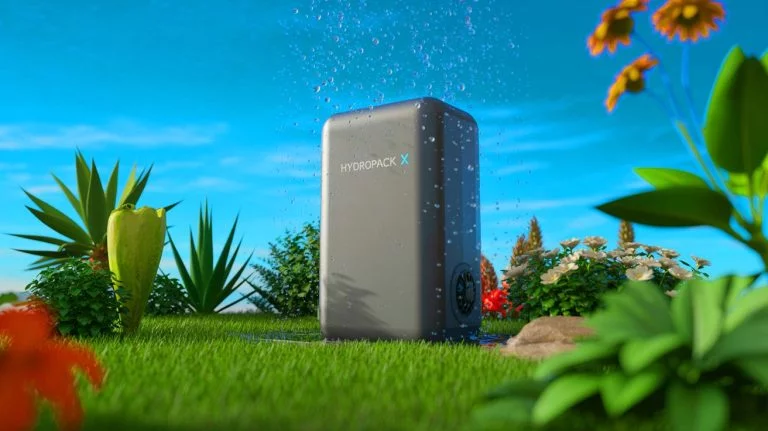 Illustration of the Hydropack X device extracting water from the air, generated by artificial intelligence.