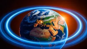Illustration of the Earth's magnetic field undergoing a geomagnetic reversal, generated by artificial intelligence.
