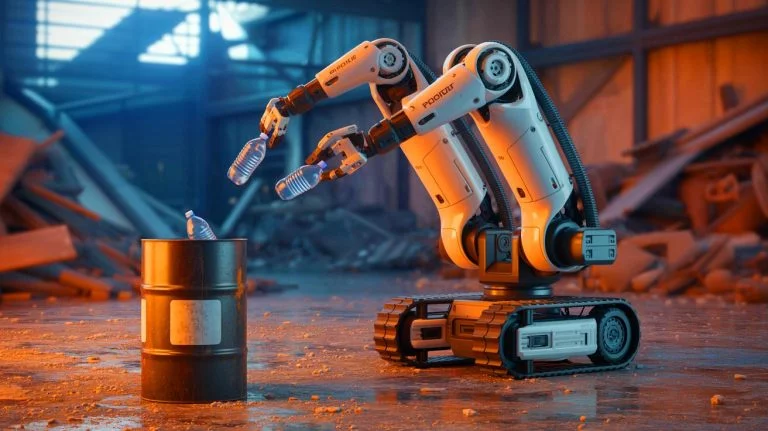 Illustration of ARMstrong Dex robot accurately throwing a water bottle in a disaster scenario, generated by artificial intelligence.