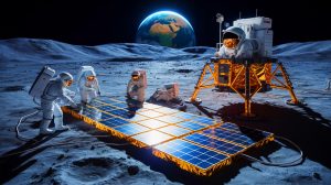 Illustration of German scientists developing solar cells from lunar dust, highlighting a breakthrough in space-based renewable energy, generated by artificial intelligence.