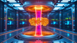 Illustration of nuclear fusion reactors transmuting mercury into gold, generated by artificial intelligence.