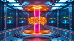 Illustration of nuclear fusion reactors transmuting mercury into gold, generated by artificial intelligence.