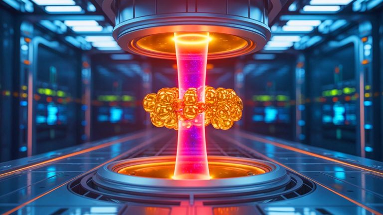 Illustration of nuclear fusion reactors transmuting mercury into gold, generated by artificial intelligence.
