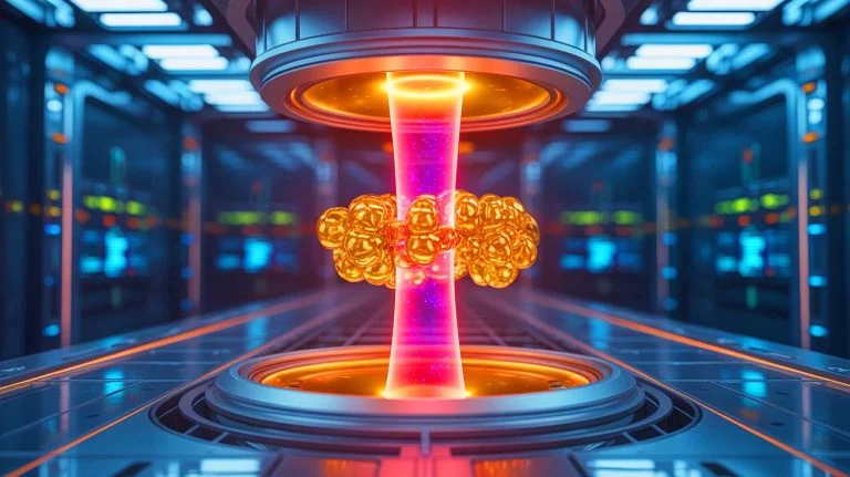 Illustration of nuclear fusion reactors transmuting mercury into gold, generated by artificial intelligence.