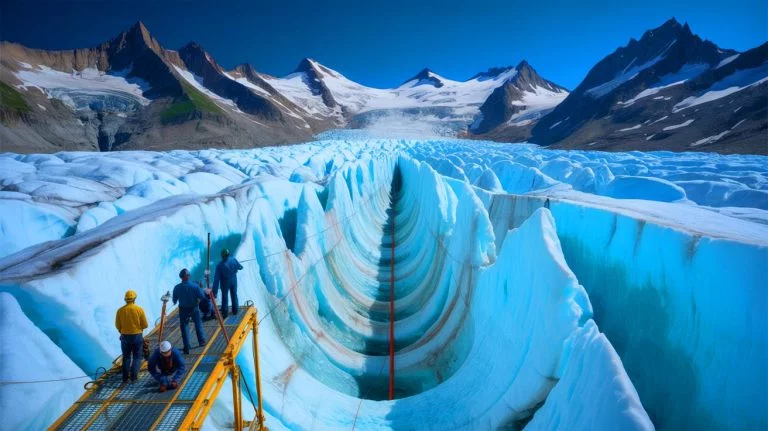 Illustration of the discovery of a 131-foot ice core from the Alps, revealing a 12,000-year climate record.
