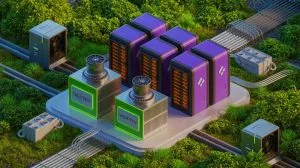 Illustration of the innovative power and cooling system for data centers developed by Oklo and Vertiv, generated by artificial intelligence.