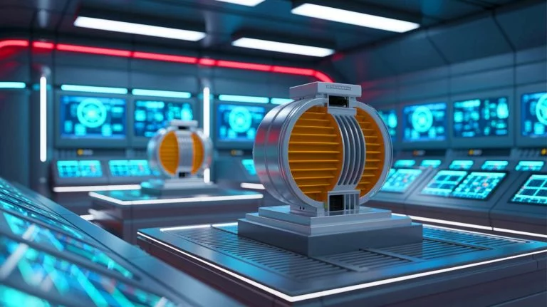 Illustration of a revolutionary pump technology using electromagnetic fields to move fluids in nuclear reactors, an artificial illustration.