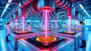 Illustration of Japan's innovative method for recycling PTFE using electron beam technology, generated by artificial intelligence.