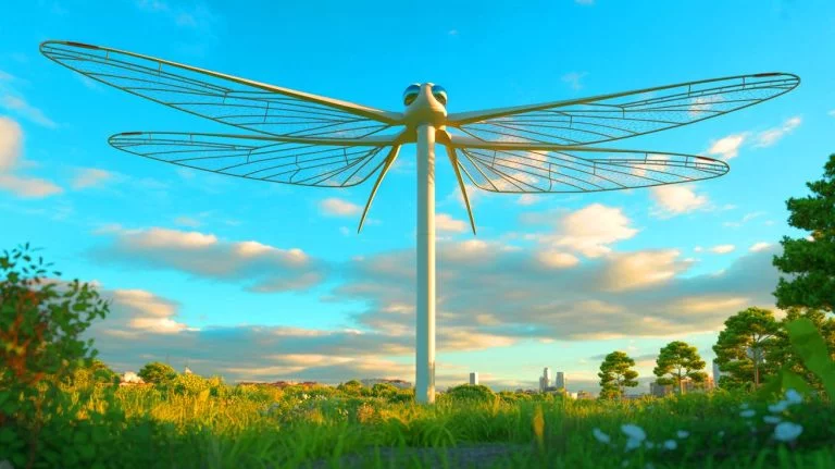Illustration of the Dragonfly Wind Turbine inspired by nature's design, created by artificial intelligence.
