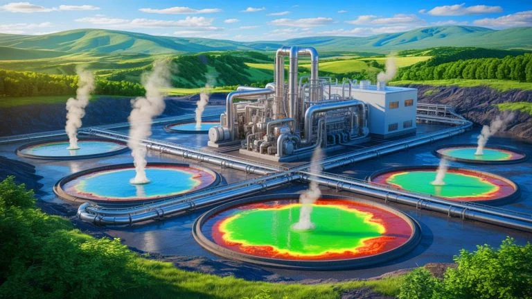 Illustration of a sustainable lithium extraction process from geothermal brines, generated by artificial intelligence.