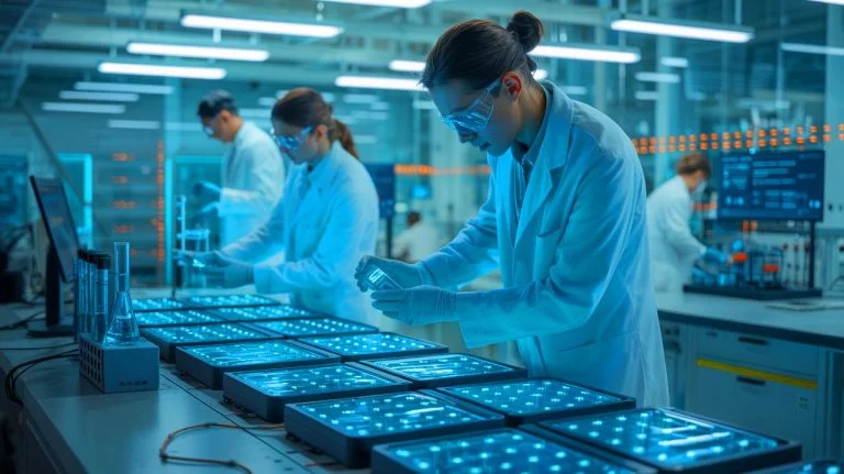 Illustration of researchers at the University of Alberta developing advanced water-based batteries.