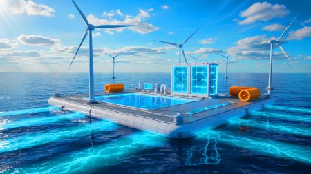 Illustration of a floating platform harnessing wind power to produce clean hydrogen fuel, generated by artificial intelligence.