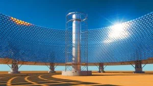Illustration of a solar-powered beam-down reactor for green hydrogen production, generated by artificial intelligence.