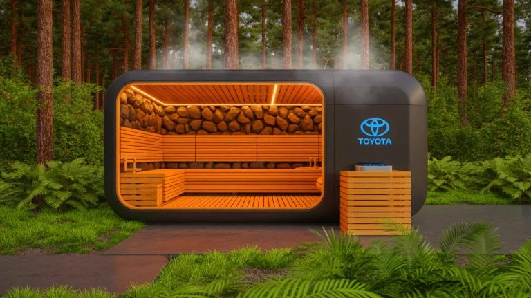 Illustration of the world's first hydrogen-powered sauna developed by Toyota and Harvia, generated by artificial intelligence.