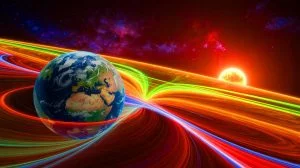 Illustration of Earth's magnetic field interacting with solar wind particles, generated by artificial intelligence.