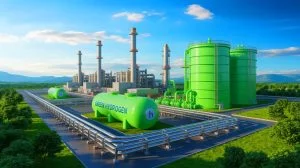 Illustration of Sinopec's green hydrogen integration into the Chinese gas grid at the world's second-largest plant.